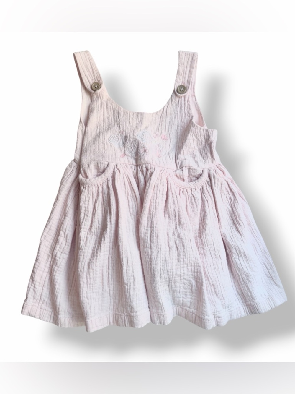 EUC Light Pink Gauze-y Baby Dress w/ Pockets & Seashell Embroidery (9-12 mos)